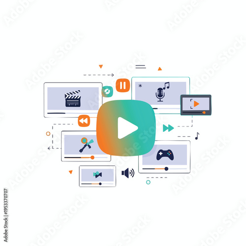 A collection of video-related icons and player controls arranged graphically