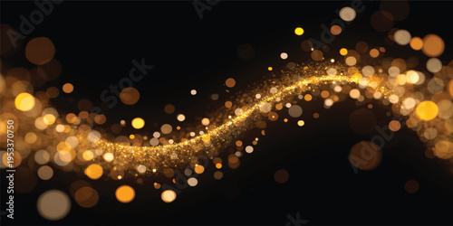 An abstract black backdrop featuring glowing blue bokeh circles and shiny star particles creates a bright, festive holiday light design with a blurry celebration glow