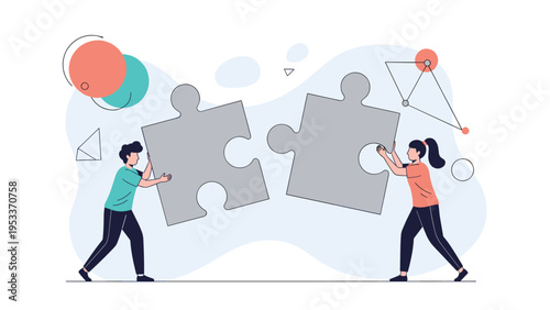 Two characters working together to connect giant grey puzzle pieces representing teamwork and problem solving.