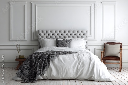 Serene bedroom with elegant tufted headboard and decorative throw.