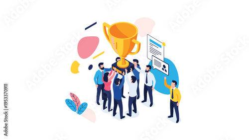 Group of business professionals celebrating a major achievement by holding up a giant gold trophy together.