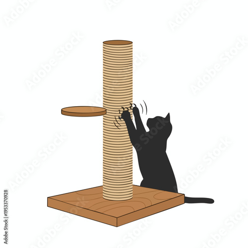 Silhouette cat vigorously scratches textured sisal post with attached shelf