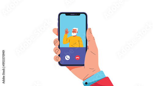 Close up of a hand holding a smartphone displaying a video call with an elderly man waving hello to his family.
