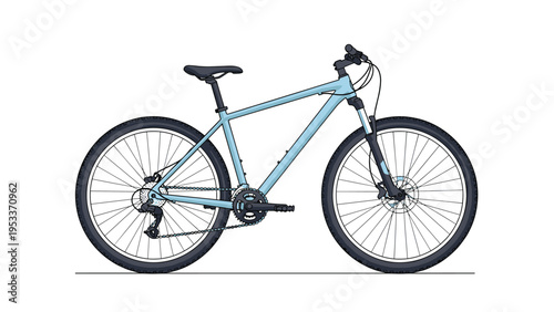 Detailed illustration of a modern light blue mountain bike designed for off road trails and fitness activities.
