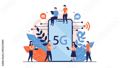 Concept of 5G network connectivity featuring various people using digital devices around a giant smartphone.