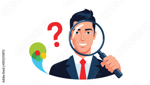 Business man holding a magnifying glass over his face while searching for answers with a red question mark.