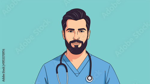 Professional portrait of a male doctor with a beard wearing blue medical scrubs and a stethoscope around his neck.