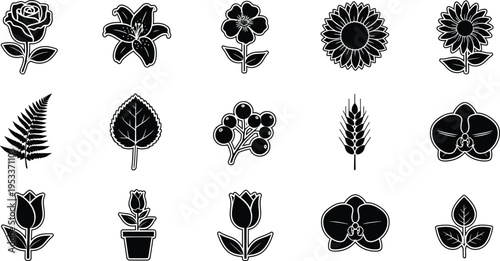 Black and white floral with leaves and flowers