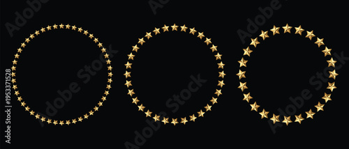Golden stars frame border set round circle black background collection Stars shine with warm, polished texture. Ideal for luxury, celebration, or achievement themes