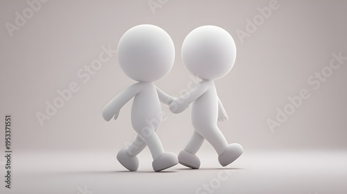 Two White 3D Figures Walking Together Holding Hands.
