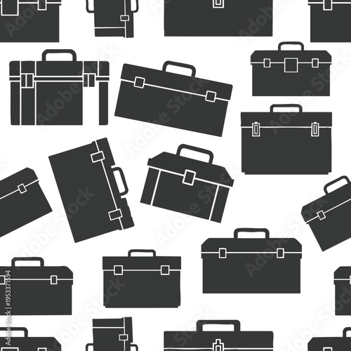A seamless pattern of dark gray, minimalist briefcases and toolboxes on a white background