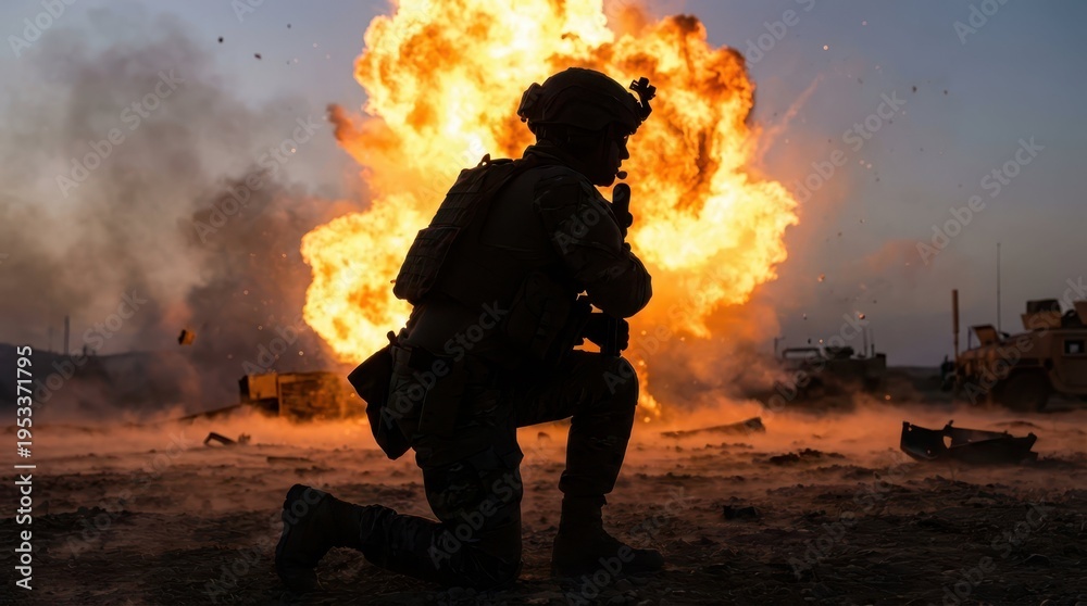 Obraz premium Soldier Silhouette Against Explosive Fireball at Dusk in Conflict Zone