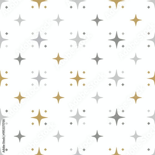Seamless pattern of gold and gray four-pointed stars and diamond shapes on white