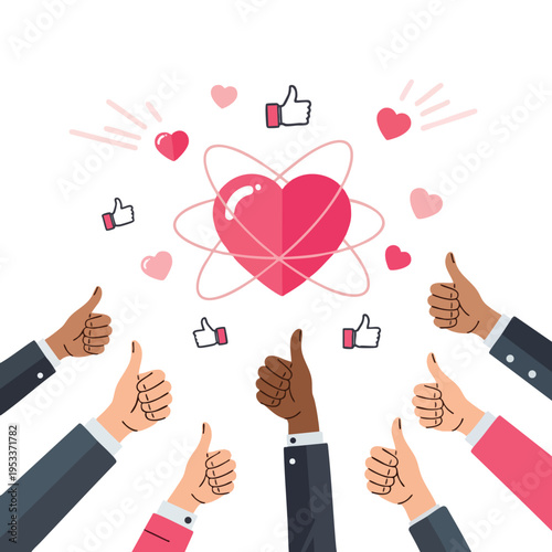 Numerous hands give thumbs up around a stylized heart with orbital lines