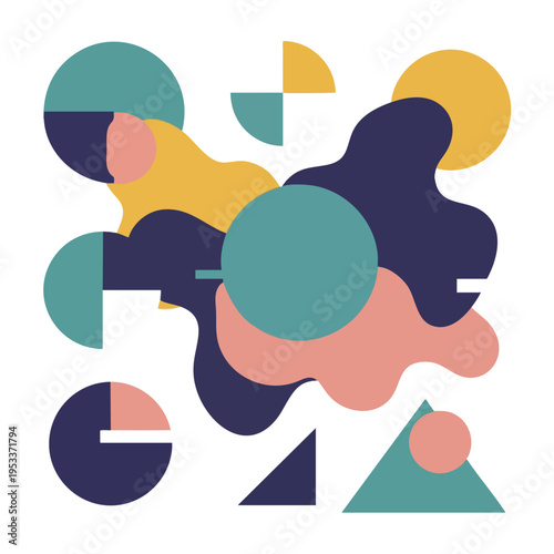 Abstract composition with overlapping organic shapes and geometric forms