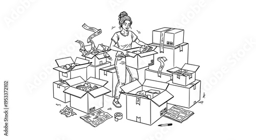 Illustration of a woman packing boxes in a cluttered room, surrounded by scattered packing materials and tape, with a focus on organization and preparation