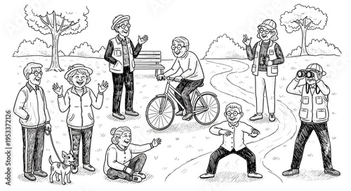 Active seniors enjoying various outdoor activities in a park sketch, featuring biking, dog walking, tai chi, and bird watching, surrounded by trees and paths, outdoors