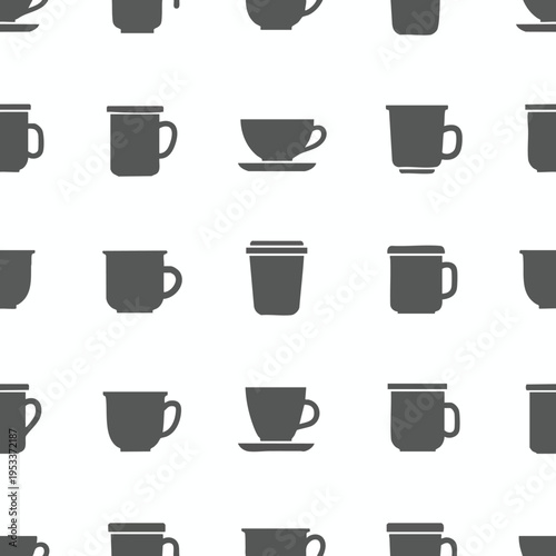 A repeating pattern of simple, dark gray icons of various cups and mugs on a white background