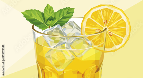Refreshing lemonade with mint leaves and ice cubes in a glass, garnished with a lemon slice, set against a light yellow background