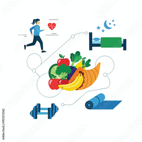 Woman running, healthy food, sleep, dumbbell, yoga mat, heart