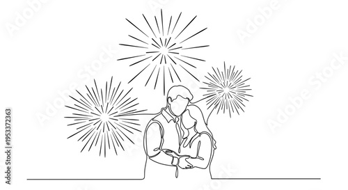 Minimalistic line art illustration of a couple embracing under a sky filled with fireworks, creating a romantic and celebratory atmosphere