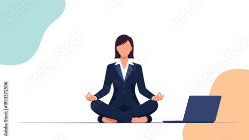 Professional businesswoman meditating in a lotus position next to a laptop computer to represent work life balance in a modern office.