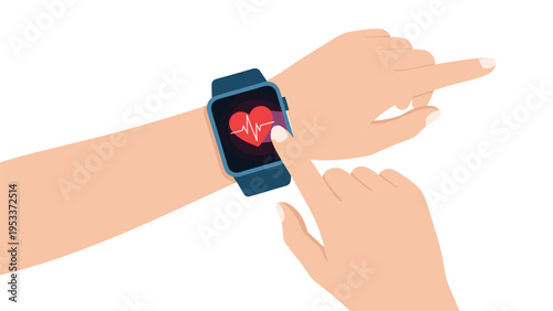 Human hand touching a smartwatch screen displaying a red heart icon and pulse rate graph for health monitoring in a modern flat design.