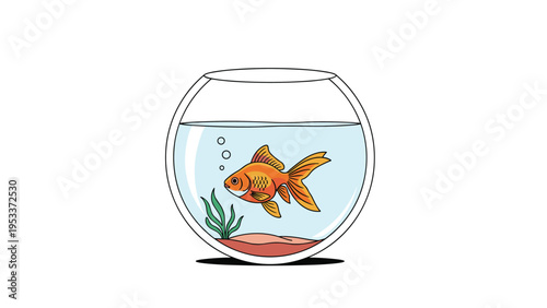 Beautiful orange goldfish swimming gracefully inside a clear glass fishbowl with green plants and decorative pebbles on a white base.