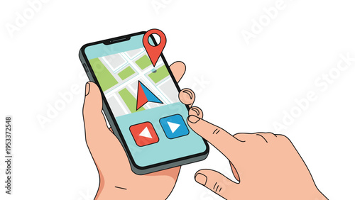 Close up of human hands holding a smartphone and using a gps navigation mobile app to find a location on a digital map with icons set.