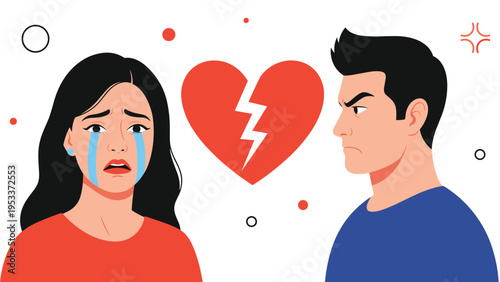 Emotional breakup scene showing a sad crying woman and an angry man with a broken heart symbol between them on a white background art.