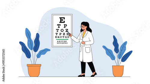 Professional female ophthalmologist in a white lab coat pointing at an eye test chart in a medical clinic office with blue background.