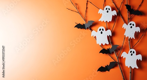 Halloween decorations with ghost and bat ornaments on orange background