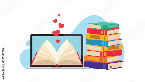 Digital education and online library concept featuring a laptop with an open ebook and a stack of colorful physical books on the desk.