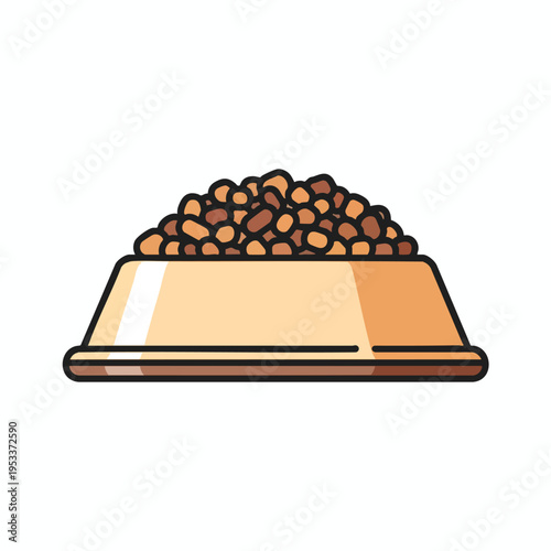 A light-colored bowl filled to the brim with brown kibble sits on a white background