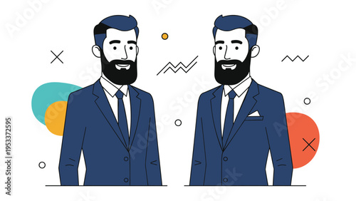 Two identical bearded businessmen in navy suits standing side by side against a background of geometric abstract shapes.