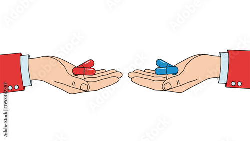Two hands reaching out towards each other from opposite sides offering identical red and blue medicinal pill capsules.