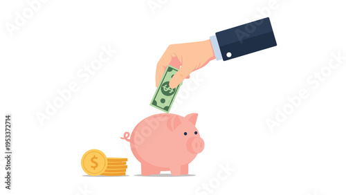 Hand putting a green paper dollar bill into a pink piggy bank representing personal savings and financial planning.