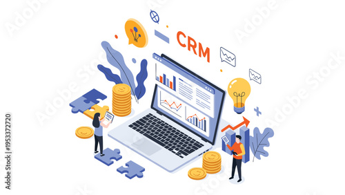 CRM customer relationship management illustration with people working on a laptop surrounded by puzzle pieces and business data.