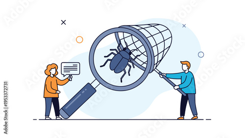 Two tech professionals using a giant magnifying glass and a net to catch a software bug on a computer monitor screen.