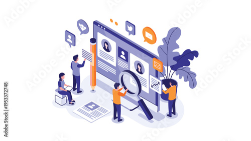 Human resources and recruitment illustration with people evaluating job candidate profiles on a large monitor screen.