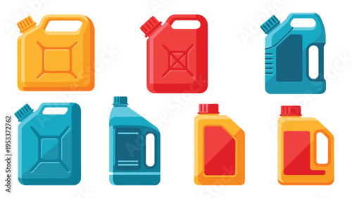 Collection of seven colorful flat icons representing different styles and shapes of gasoline and fuel jerrycans.