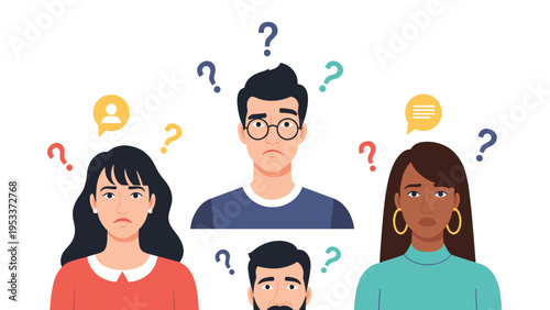 Group of people of different ethnicities with colorful question marks above their heads looking confused or thoughtful.