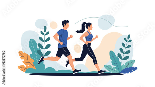 Healthy young man and woman in athletic wear jogging together through a park with colorful abstract plant shapes.