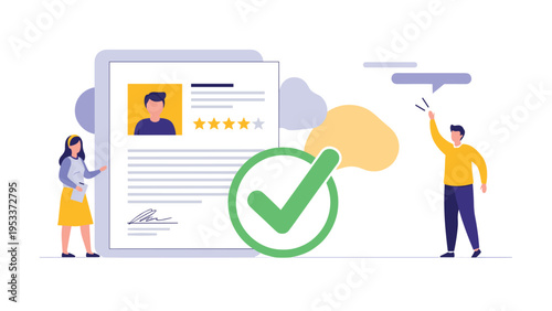 Successful recruitment illustration with a happy candidate next to a resume with a large green checkmark button.
