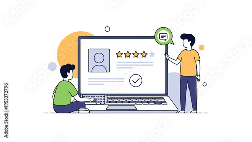 Professional team reviewing a job candidate's profile with star ratings and a checkmark on a laptop computer screen.