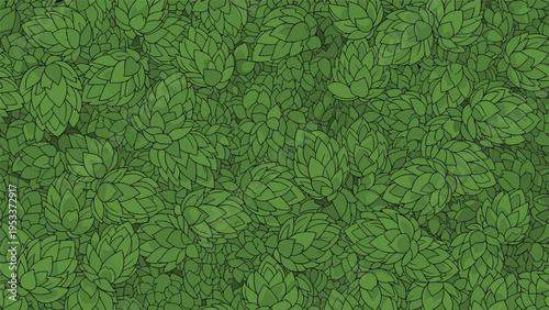 Full frame background texture showing a dense arrangement of green hop cones used for brewing beer and various herbal remedies today.