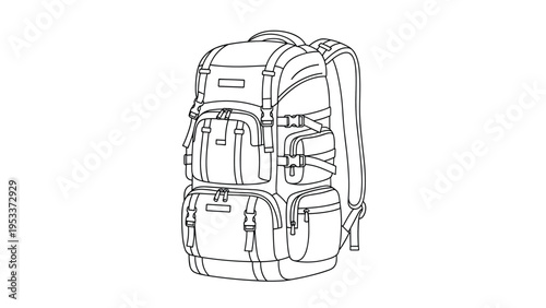 Detailed black and white line art drawing of a large professional hiking backpack with multiple pockets and straps on a white background.