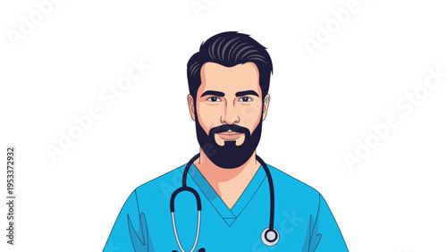 Portrait of a handsome young male healthcare professional with a beard wearing blue medical scrubs and a stethoscope on a white background.