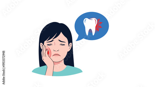 Young woman suffering from a painful toothache while thinking of a tooth with red inflammation in a speech bubble above her on white.