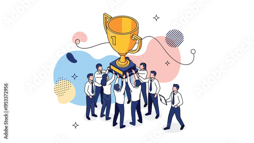 Concept of team success with a group of diverse professional employees lifting a massive golden trophy cup together in a modern office.
